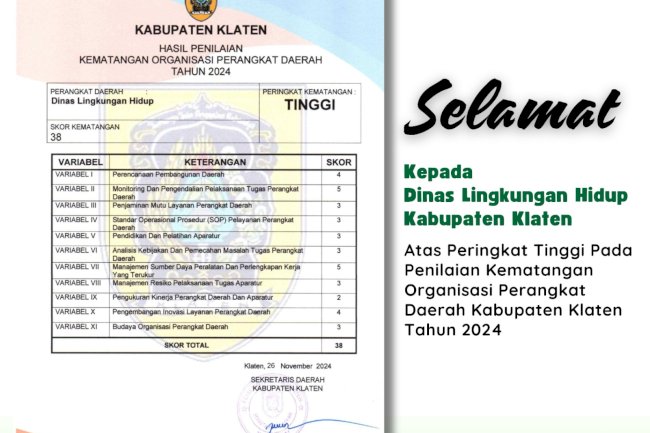 DINAS LINGKUNGAN HIDUP KABUPATEN KLATEN MENDAPATKAN HASIL PENILAIAN DENGAN PERINGKAT TINGGI DALAM KOD 2024
